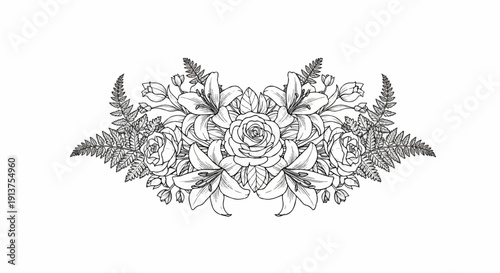 Black and white illustration of a symmetrical floral arrangement with roses and lilies