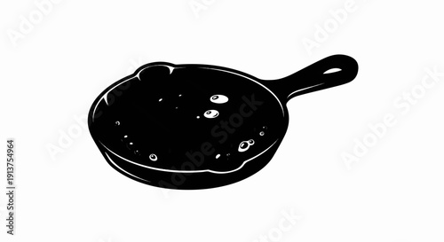 Black and white illustration of a bubbling frying pan with a handle