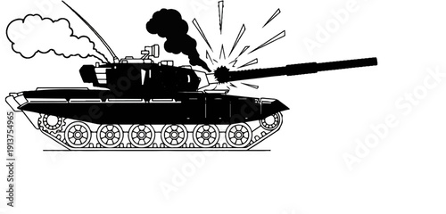 Black and white illustration of a tank firing, with smoke and explosion effects