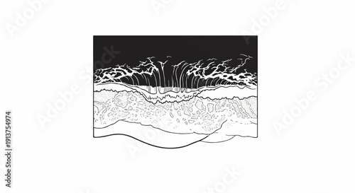 Black and white illustration of a breaking wave over a textured seabed