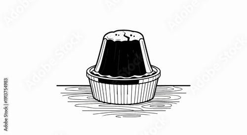 Black and white illustration of a molded dessert in a fluted dish on wood