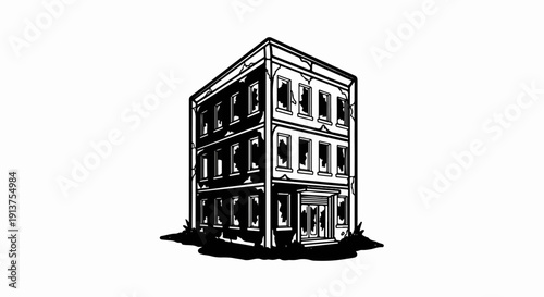 Black and white illustration of a three-story building with broken windows and cracks