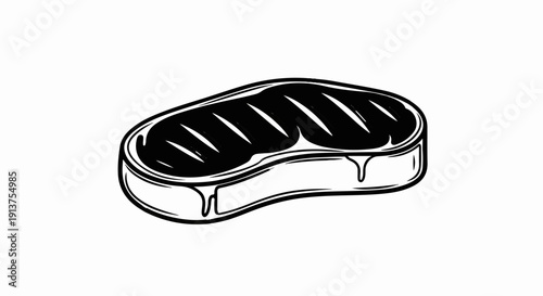 Black and white illustration of a thick, juicy steak with grill marks and dripping juices