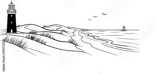 Black and white illustration of a coastal scene with a lighthouse, dunes, and a sailboat