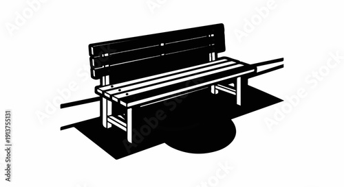 Black and white illustration of a wooden park bench with a circular shadow