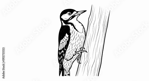 Black and white illustration of a woodpecker perched on a tree trunk