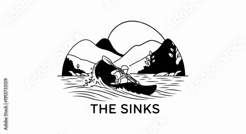 Black and white illustration of a person kayaking down a river with mountains in background