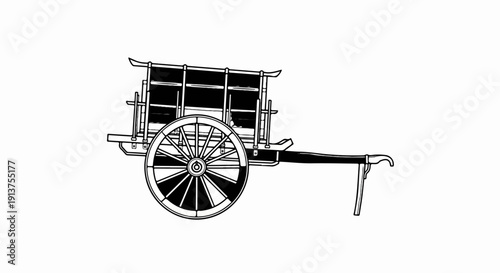 Black and white illustration of an ancient cart with a large wheel and wooden frame