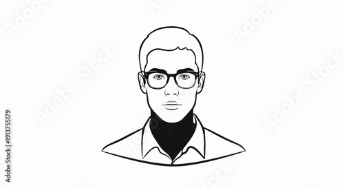 Black and white illustration of a young man wearing glasses and a collared shirt