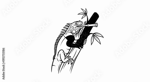 Black and white illustration of an iguana holding a bamboo stick