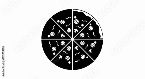 Black and white illustration of a pizza divided into eight slices, featuring pepperoni, mushrooms, and wavy lines