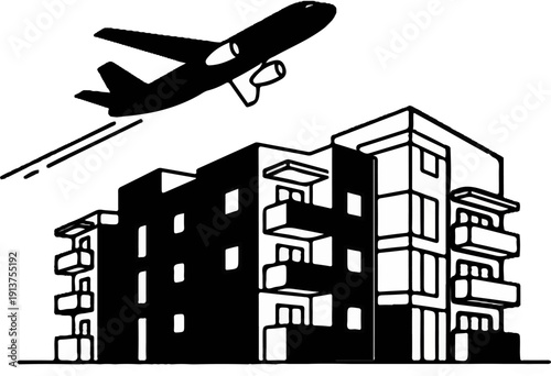 Black and white illustration of an airplane flying over apartment buildings with balconies