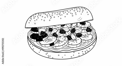 Black and white illustration of a sandwich with banana slices and chocolate cubes
