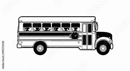 Black and white illustration of a school bus with children visible inside windows