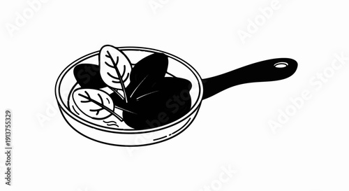 Black and white illustration of fresh spinach leaves in a cooking pan