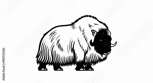 Black and white illustration of a shaggy musk ox