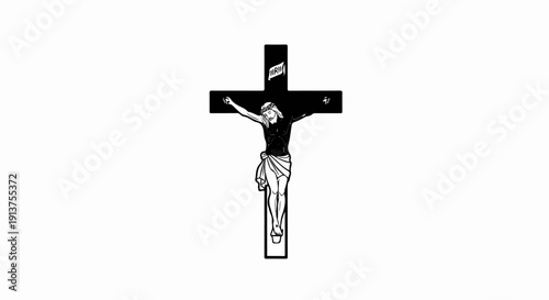 Black and white illustration of Jesus on a cross against a white background