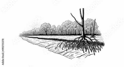 Black and white illustration of mangrove roots and trees at sunrise