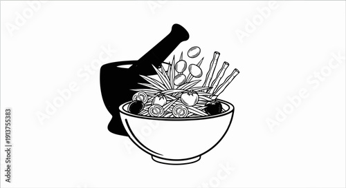 Black and white illustration of ingredients being prepared for a meal