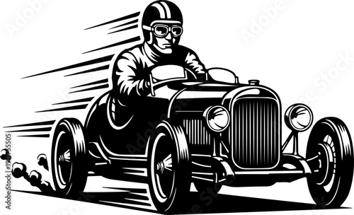 Vintage Race Car Driver in Helmet and Goggles Racing