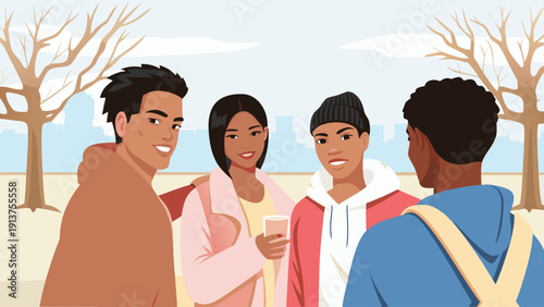 Diverse group of young adults socializing outdoors in winter smiling and chatting together