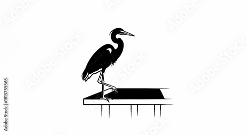Black and white sketch of a bird standing on a wooden structure