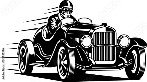 Vintage Race Car Driver in Helmet and Goggles Racing