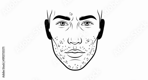 Black and white line drawing of a male face with acne