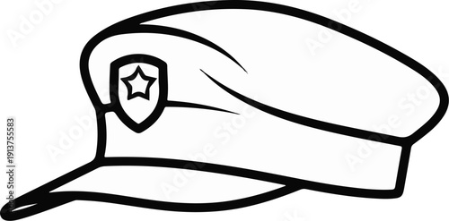 Black and white line drawing of a peaked cap with a badge