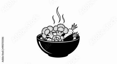 Black and white illustration of steaming vegetables in a bowl