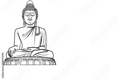 Black and white line drawing of Buddha meditating on a lotus base