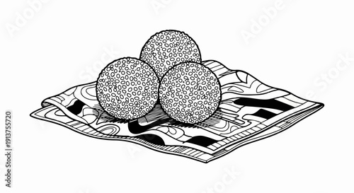 Black and white illustration of three sesame seed covered balls on a patterned cloth
