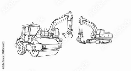 Black and white line drawing of construction vehicles