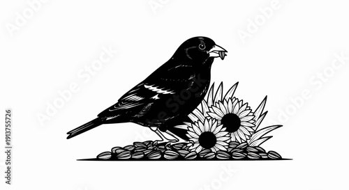 Black bird pecks at seed next to bright sunflowers