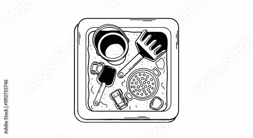Black and white line drawing of sand toys in a sandbox