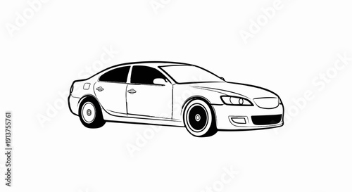 Black and white sketch of a modern sedan car viewed from the side