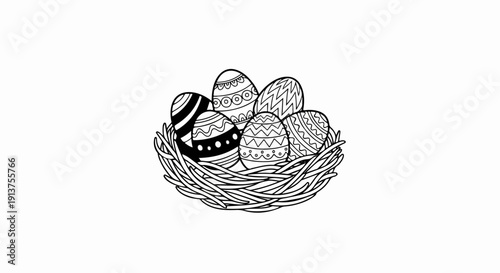 Black and white sketch of a nest filled with decorated eggs