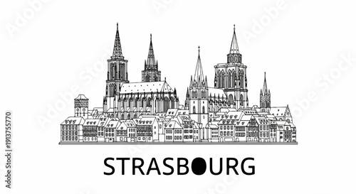 Black and white line drawing of Strasbourg skyline with gothic architecture
