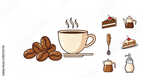 Hot Coffee Cup With Beans And Desserts Illustration.