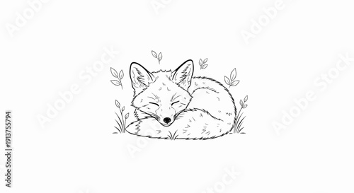Black and white sketch of a sleeping fox curled up amidst leaves and grass