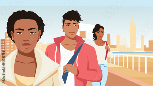 Three diverse young adults walking together on city bridge with urban skyline background