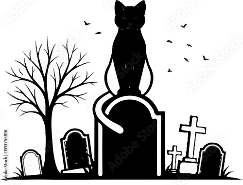 Black cat sits atop gravestone with bare tree, crosses, and birds