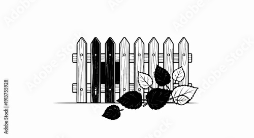 Black and white sketch of a wooden picket fence with leaves