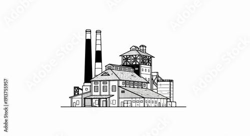 Black and white sketch of an industrial factory with two smokestacks