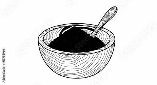 Black granular substance in wooden bowl with spoon