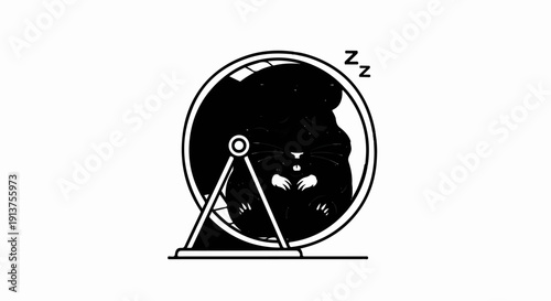 Black hamster sleeping in a spinning wheel with zzzs above