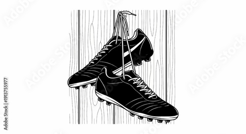 Black cleats with white laces hang by their laces against a wood plank background