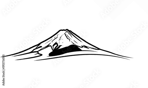 Black ink sketch of a snow-capped mountain with a dark mass in the foreground
