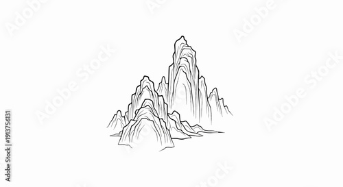 Black ink sketch of towering, craggy mountains with dramatic peaks and valleys