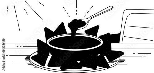 Black tortilla chips arranged around a bowl of dark dip, with a spoon scooping some